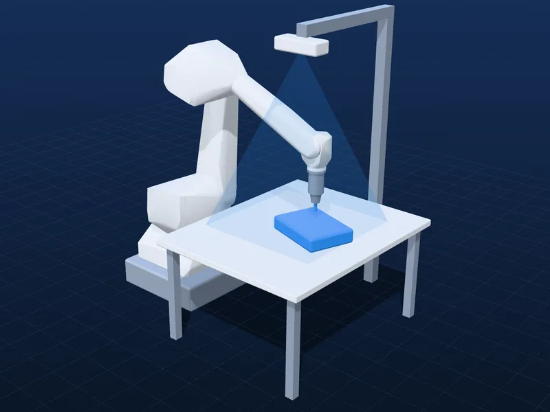 3D-concept van een robotcel met robot, scanner, tafel en werkstuk
