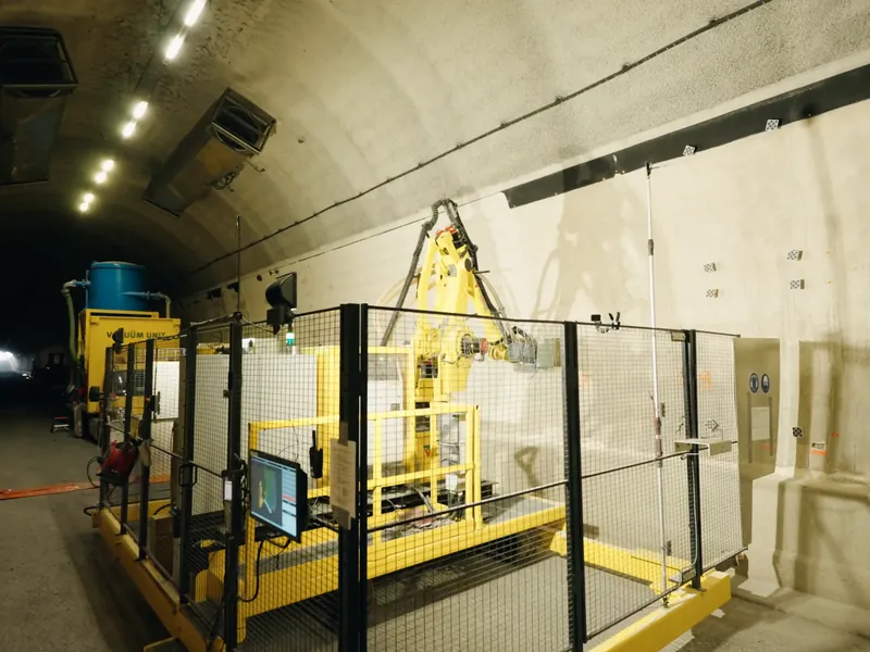 De freesrobot van AIM-Robotics opgesteld in de Hubertustunnel, met hekwerk en bedienscherm